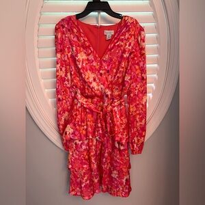Nicole‎ Miller pink floral satin long sleeve v neck tiered mini dress size small